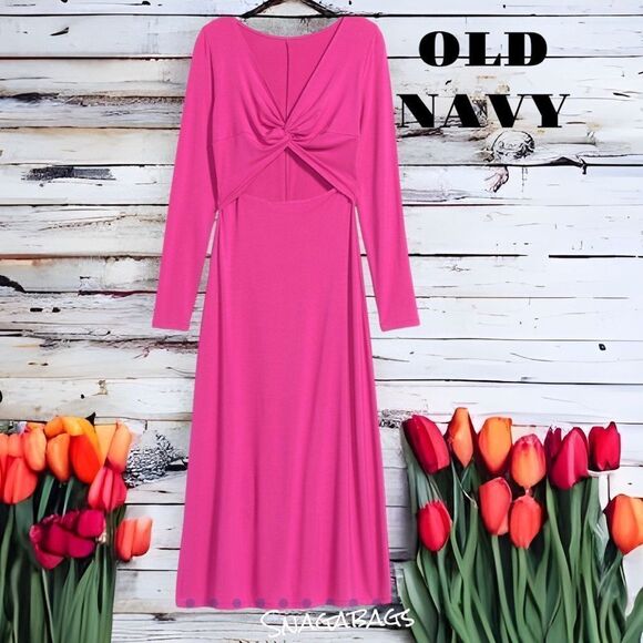OLD NAVY NWT PINK TWIST FRONT V NECK LONG SLEEVE DRESS LARGE - Picture 1 of 6
